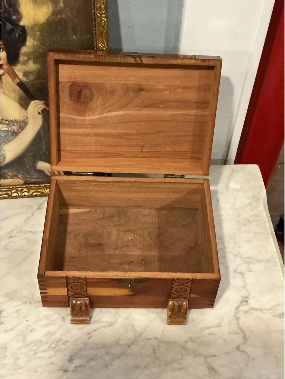 Vintage Footed Cedar Jewelry Box Keepsake Chest with Brass Latch & Carved Feet